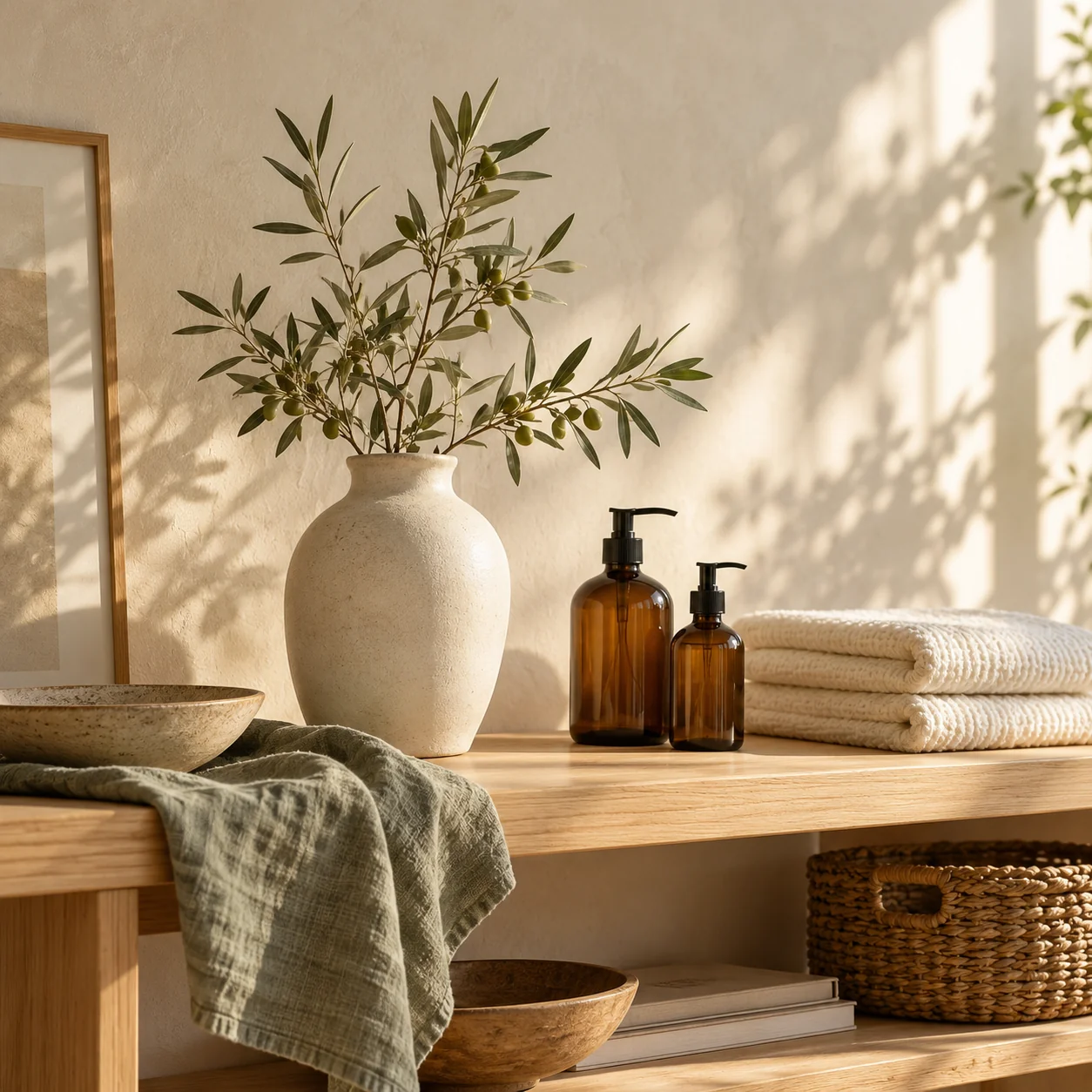 Sunlit shelves styled with everyday home essentials