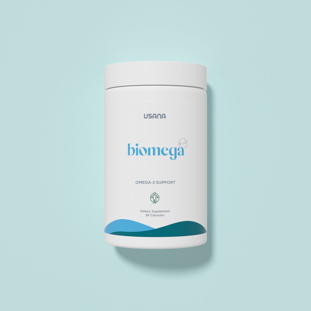 USANA BiOmega bottle on a soft aqua background